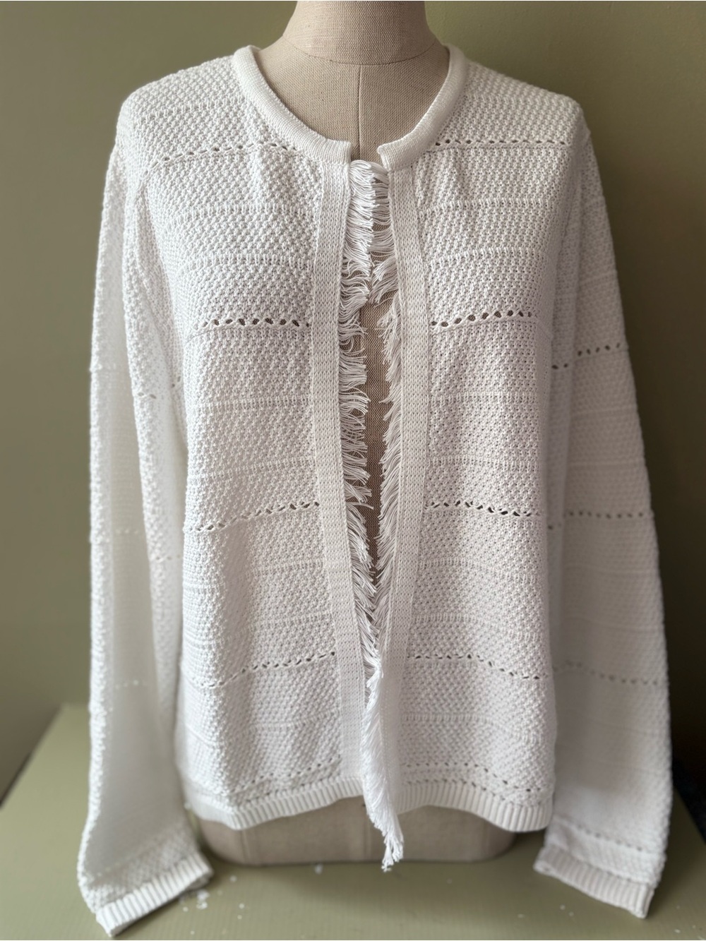 Parkhurst White Knit Open-Front Fringe Cardigan Sz XL